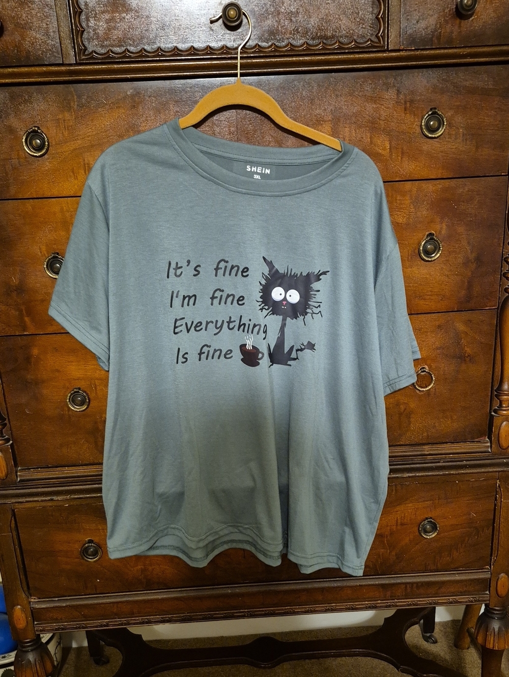 SHEIN Sage Green Cat Graphic Tee with Black Print